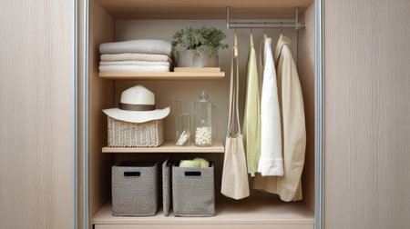This image showcases a well-organized closet featuring neatly stacked towels, hanging clothes, woven baskets, and a touch of greenery, emphasizing minimal decor.の素材