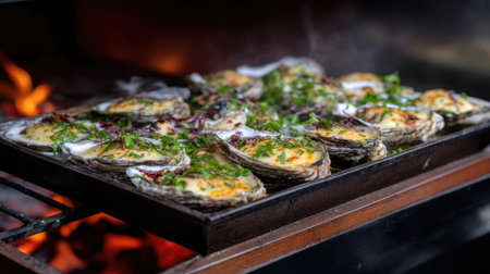A visually enticing display of grilled oysters topped with fresh herbs and spices, sizzling on a barbecue grill, surrounded by vibrant flames and aromatic smoke.の素材