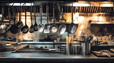 A professional kitchen showcasing various stainless steel utensils hanging in an organized manner above a bustling workspace. Ideal for culinary themes.の素材