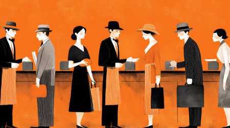 This artistic illustration captures a vintage scene of people standing in line at a counter with a striking orange background, showcasing a retro atmosphere.の素材