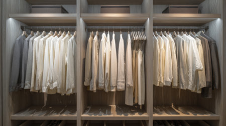 This image showcases a well-organized wardrobe featuring neatly folded shirts and hanging garments in a contemporary minimalist design, ideal for inspiring home decor.の素材
