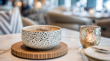 A beautifully crafted coffee bowl emits steam, creating a warm and inviting atmosphere in a stylish cafe setting, complemented by soft lighting.の素材