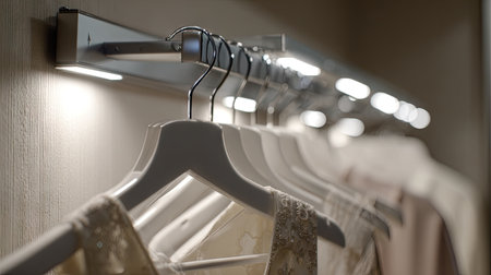 A serene and stylish interior featuring beautifully displayed clothing on hangers. The soft lighting enhances the elegance and texture of each garment, creating an inviting shopping atmosphere.の素材