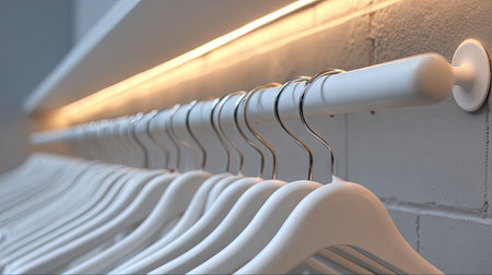 A close-up of white wooden hangers neatly arranged on a clothing rack with modern lighting, perfect for showcasing fashion in a minimalist setting.の素材