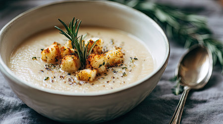 A beautiful bowl of creamy soup topped with golden croutons and fresh rosemary, set on a textured linen. Perfect for cozy meals. Enjoy the warmth!の素材