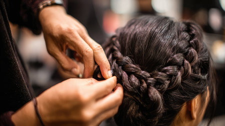 A close-up view of hands expertly braiding hair in a beauty salon, showcasing the artistry and detailed technique involved in hairstyling. Perfect for beauty-related themes.の素材