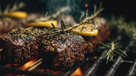 Juicy grilled skewers featuring marinated meat, fresh herbs, and slices of citrus, creating an enticing aroma in a hot barbecue setting. Perfect for summer gatherings.の素材
