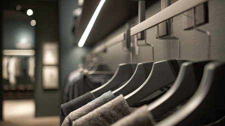 A captivating modern clothing display showcasing stylish garments in a chic fashion boutique, featuring minimalist design and soft ambient lighting.の素材