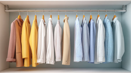 A visually appealing wardrobe featuring an organized display of various shirts and jackets arranged by color. This modern closet represents style and elegance in fashion choices.の素材