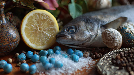 This vibrant still life features a fresh fish alongside a lemon and sea salt, complemented by decorative items and colorful stones, ideal for culinary themes.の素材