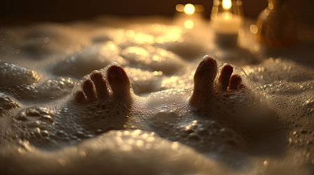 A serene bath scene featuring feet submerged in bubbles, illuminated by soft candlelight. Perfect for illustrating relaxation, self-care, and spa experiences.の素材