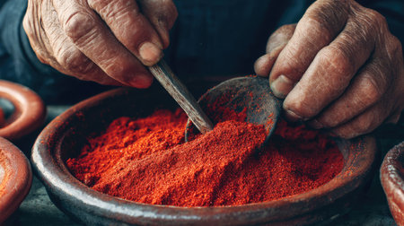 Close-up view of an elderly person's hands skillfully scooping rich red spice from a traditional bowl using a wooden spoon, showcasing the vibrant texture and cultural significance of this ingredient in cooking.の素材