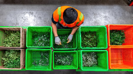 An overhead view of a worker meticulously sorting fresh herbs into vibrant baskets in a bustling warehouse, showcasing the labor involved in food preparation.の素材