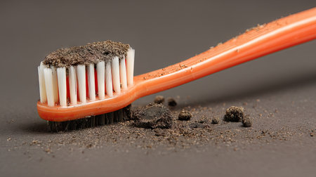 This image features a close-up of a dirty toothbrush with dark residue on its bristles. The tool sits against a gray background, highlighting hygiene concerns.の素材