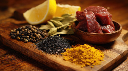 A captivating arrangement of fresh meat, vibrant spices, and fragrant herbs on a rustic wooden board, complemented by slices of lemon, perfect for culinary inspiration.の素材