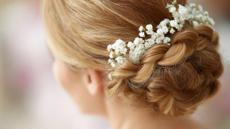 This image features an elegant bridal hairstyle adorned with delicate white flowers, perfect for capturing the beauty and artistry of wedding preparations.の素材
