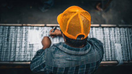 A dedicated worker in an orange hat is focused on writing tasks at a production line in an industrial workshop setting, showcasing craftsmanship and hard work.の素材