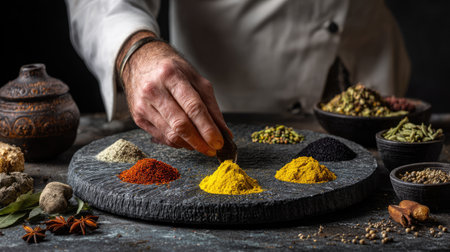A close-up shot of a hand sprinkling colorful spices on a textured slate plate, showcasing vibrant culinary ingredients in a rustic kitchen setting.の素材