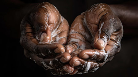 The image captures two hands cupped together, showcasing soap bubbles against a dark background, symbolizing cleanliness and hygiene practices.の素材
