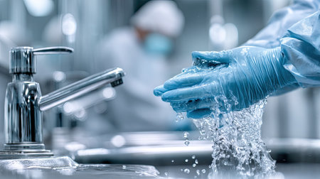 A healthcare worker in protective gloves washes hands meticulously at a sink, showcasing the importance of hygiene in a clinical setting.の素材