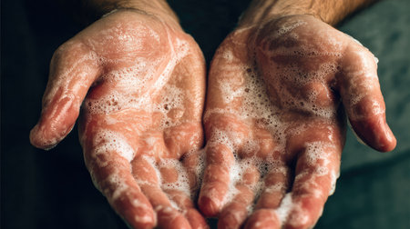 This image showcases a close-up of a man's hands covered in soap bubbles, emphasizing the significance of proper hand hygiene for health and safety.の素材