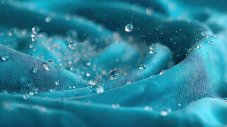 This close-up image captures water droplets gracefully resting on smooth blue fabric, showcasing a blend of texture, light, and elegance in a soft, vibrant manner.の素材