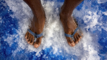Close-up view of bare feet standing in blue water mixed with salt crystals. This serene image captures the essence of summer relaxation and natural beauty.の素材