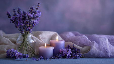 A serene still life arrangement featuring lavender flowers in a glass vase, two lit purple candles, and soft fabric, creating a calming atmosphere ideal for relaxation.の素材