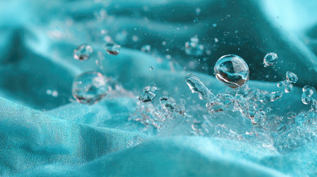 Experience the dynamic beauty of water droplets splashing on a vibrant turquoise fabric. This close-up captures the essence of freshness and elegance through its vivid colors and fluid movement.の素材