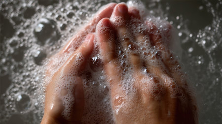 This close-up image captures bare hands washing with soap, showcasing foam and bubbles in soapy water. It represents the importance of hygiene and cleanliness practices for personal health.の素材