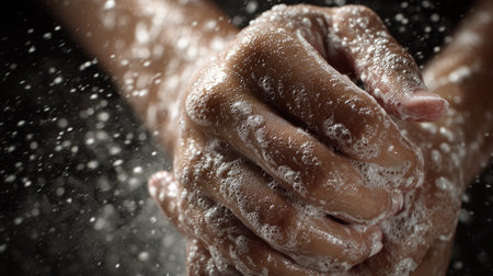 This dramatic close-up image captures hands in action during a cleansing ritual with soap and water, highlighting the textures and motion of bubbles and droplets.の素材