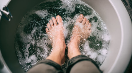 A serene image depicting a person's feet soaking in warm bubble bath water, perfect for showcasing relaxation, self-care, and personal wellness routines at home.の素材