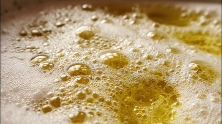 This close-up image captures the intricate details of bubbles and foam on a vibrant yellow liquid, highlighting textures and reflections for a refreshing feel.の素材