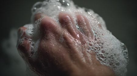 A close-up view of a hand lathering with soap, creating a rich texture of bubbles and foam. Ideal for themes of cleanliness and personal care.の素材