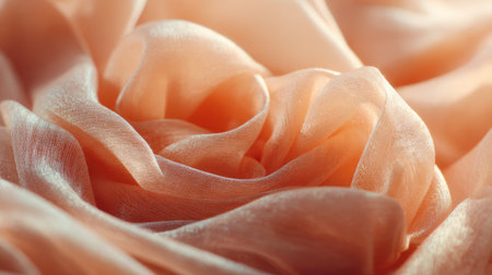 A stunning close-up image of soft peach fabric displaying elegant swirls and folds. The light enhances the delicate texture, perfect for fashion and design projects.の素材