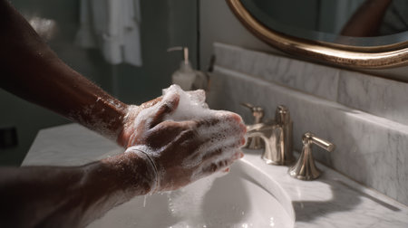 This image captures a close-up view of hands being washed with soap at a luxurious bathroom sink, emphasizing hygiene and wellness.の素材