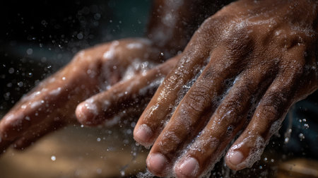 This image captures a close-up view of hands washing with dynamic water splashes, emphasizing hygiene and cleanliness in daily routines.の素材