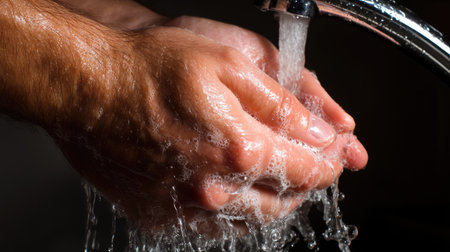 Close-up view of hands washing under running water, showcasing soap bubbles and emphasizing the importance of hygiene and cleanliness in daily life.の素材