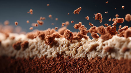 This macro shot captures the intricate details of cocoa powder and coffee grounds, highlighting the delicate textures and particles against a dark background.の素材