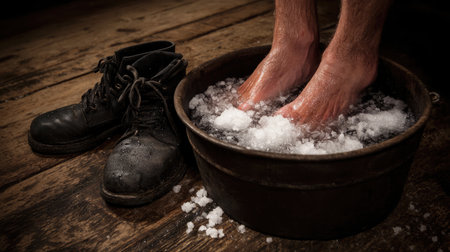 A calming scene showing bare feet soaking in a rustic wooden basin filled with ice and salt, accompanied by worn leather boots, evoking relaxation and self-care.の素材
