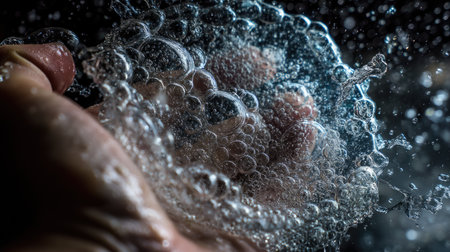 A detailed macro photograph showcasing a hand cupping water bubbles, capturing the essence of refreshment and clarity with spectacular visual details.の素材