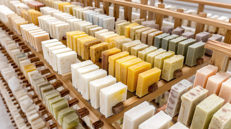 A vibrant collection of handmade soaps displayed on wooden shelves, highlighting their unique colors and textures, ideal for beauty and hygiene products.の素材