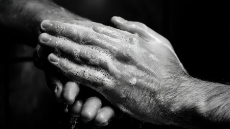 This striking black and white image captures soapy hands engaged in the act of washing, emphasizing themes of cleanliness and personal hygiene.の素材