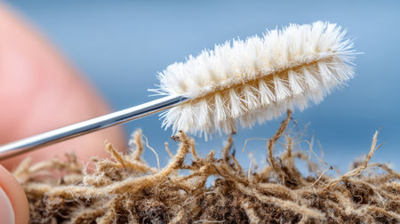 A detailed close-up of a hand holding a soft cleaning brush against textured natural material. The image highlights the brush's bristles, emphasizing cleanliness and care.の素材