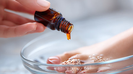 A close-up image showcasing a hand pouring essential oil from a dropper bottle into a glass bowl filled with water and bubbles, symbolizing relaxation and skincare wellness.の素材