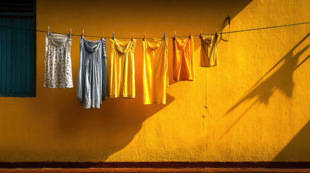 A vibrant scene featuring colorful clothes hanging on a clothesline against a bright yellow wall. The sunlight creates interesting shadows and textures.の素材
