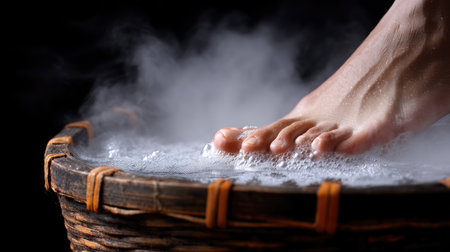 Experience the ultimate in relaxation with a soothing foot treatment in a wooden basket. Herbal steam enhances tranquility, promoting wellness and rejuvenation.の素材