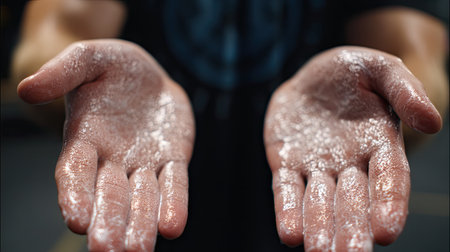 Close-up of chalk-covered hands held up, symbolizing dedication and preparation for intense physical activity, showcasing human determination and focus.の素材