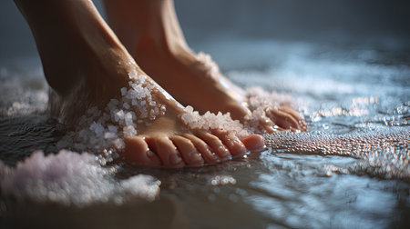 A serene close-up image capturing bare feet gently submerged in water with bath salt, evoking relaxation and the essence of a calming spa experience.の素材