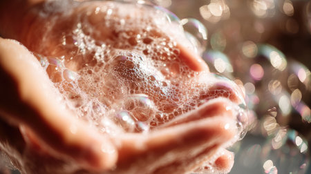 A close-up view of human hands cradling bubbles of soap foam, capturing the essence of cleanliness and tranquility against a blurred, colorful backdrop.の素材